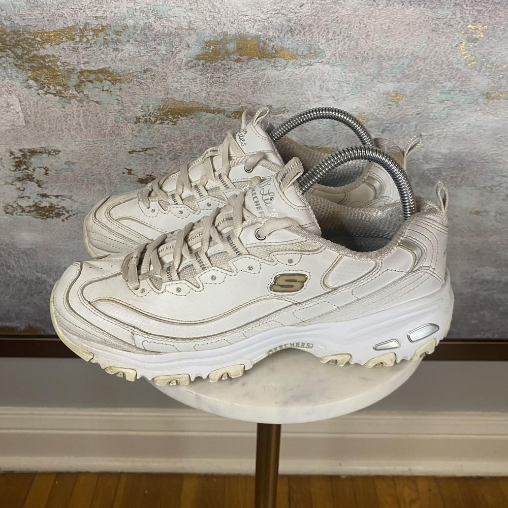 Skechers D'Lites Shoes Womens Size 9.5 White Leather Walking Sneakers SN 11931